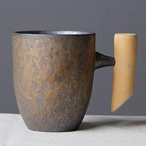 THUMBGEEK Japanischer Vintage-Kaffeebecher mit Holzgriff, Keramik, Wasserbecher für Zuhause und Büro (Grau-C)