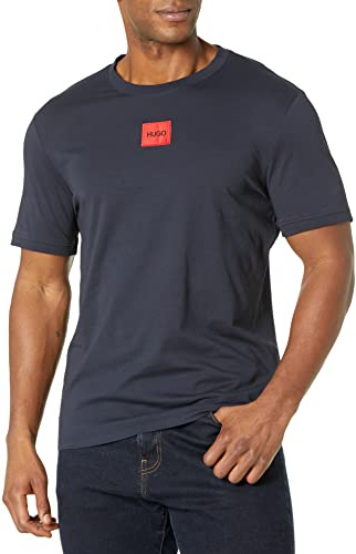 HUGO Ribbad herrtröja med rund hals normal passform center logo t-shirt, Rymden marinblå, XXL