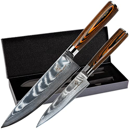Wolfblood 2er Damastmesser-Set (32cm und 24cm) Profi Damast-Küchenmesser aus echtem 67 Lagen Damaststahl I Küchenmesser Set mit Chefmesser Kochmesser Holzgriff Geschenkbox und Klingenschutz