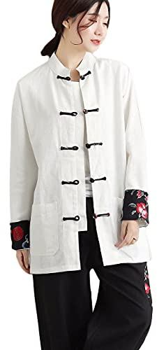 NFYM Veste de costume Tang à manches longues pour homme et femme - Vêtement traditionnel chinois pour kung fu (femme, blanc, taille XXL)