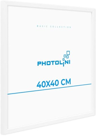 PHOTOLINI Bilderrahmen 40x40 Weiß, Bilderrahmen quadratisch 40x40 Holz MDF mit bruchsicherem Acrylglas, Rahmen 40 x 40 zum Aufhängen mit Zubehör - Picture Frame für Fotos & Poster