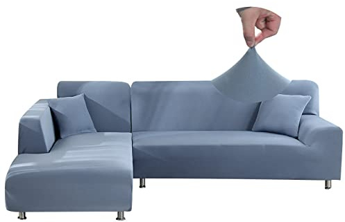 Jaotto Sofabezug Elastische Spandex Stretch Couchbezug für L-Form Sofa Überwürfe Universal Waschbar Sofaüberwurf 2er Antirutsch(3 Sitzer+4 Sitzer,Grau Blau)