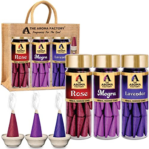 The Aroma Factory Organic Dhoop Cones | Rose, Mogra & Lavender Incense Cones |No Charcoal, Scented Incense | 3x30 Cones, Pack of 3 Jute Bag Giftset