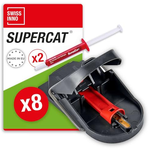 SWISSINNO Mausefalle PRO SuperCat - Tiergezielte Beseitigung - Effizient + Wiederverwendbar mit Erdnussbutter-Köder - Sofortiges Fangen + Töten - 8 Fallen + 2 Köderspritzen