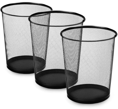 KEPLIN Round Trash Can Bin - 3 Pack Black Non-slip Mesh Bins | Waste Paper Bin | Sturdy Metal Bin Indoor Waste Bin for Home, Bedroom, Office, Bathroom, Living Room, Kitchen