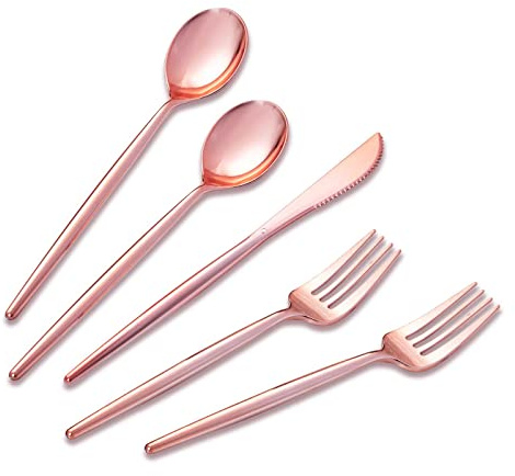 SUT 150Pcs Rose Gold Plastic Silverware, Disposable Cutlery Set, Heavy Duty Plastic Flatware Set，Disposable Rose Gold Utensils Include 50 Forks,50 Spoons, 50 Knives Perfect for Party