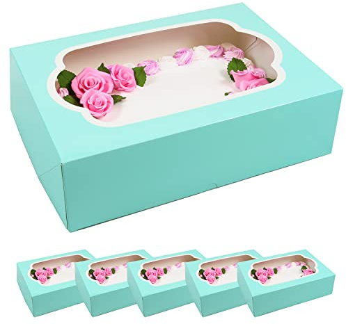 Global Sugar Art 5-Count Extra Deep Quarter Sheet Cake Box with Window, Sturdy, AutoPopup (14 x 10 x 5 Inches, Designer Blue)