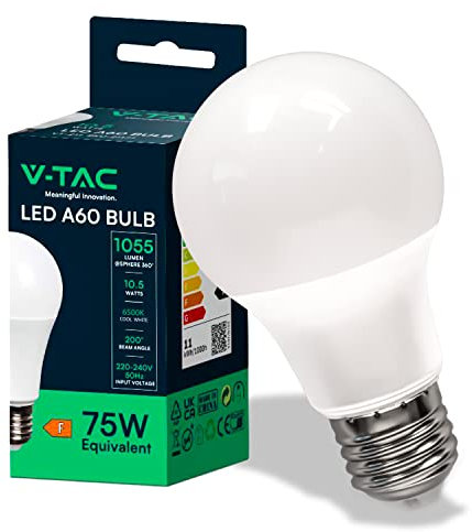 V-TAC Lampadina LED A60 con Attacco E27 potenza 10.5W (Equivalenti a 75W) - Lampadina di Nuova Generazione - 1055 Lumen - Massima Efficienza e Risparmio Energetico - 6500K Luce Bianca Fredda