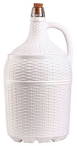 Tradineur - Garrafa de vidrio forrada en plástico, Incluye Tapón de corcho, Capacidad de 5 Litros, Diseño Mimbre,perfecta para servir refrescos, bebidas alcohólicas o incluso agua, Color Blanco