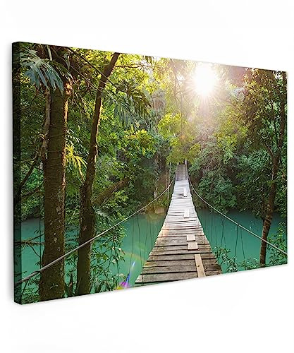 MuchoWow© Bilder Groß XXL Wohnzimmer Deko Modern Wandbild Foto auf Leinwand | 120x80 cm - Bild Schlafzimmer Room Decor Geschenke Dschungel - Wasser - Brücke - Natur - Grün - Pflanzen