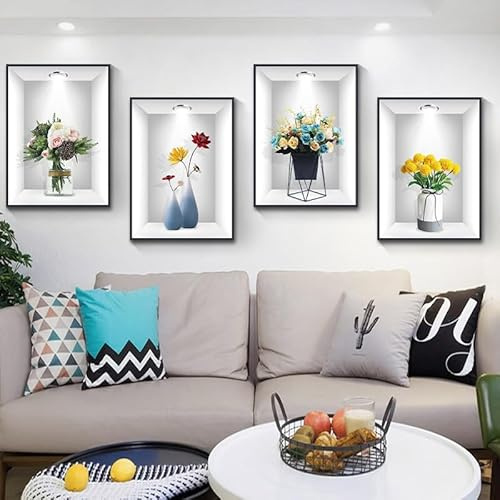 COVPAW 4 Stück 3D Wandbilder Selbstklebend Wandaufkleber Vase Wandtattoo Blumen Pflanzen Wandabziehbilder Haus Wanddeko Wohnzimmer Schlafzimmer Wanddeko (4 Blumen Vasen)