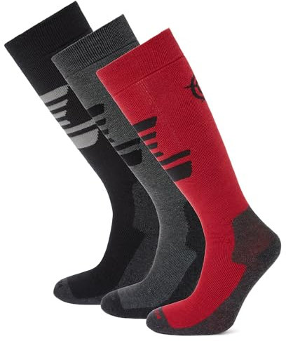 TOG24 Bergenz 3 Pack Unisex Adult Ski Socks. Padded, Non-Slip, Reinforced, Elastic Arch & Ankle Support. Black, Chilli Red, Dark Grey Marl. One Size