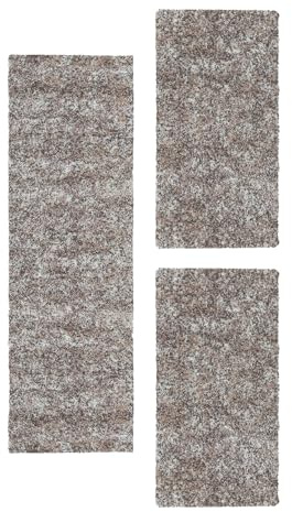 Carpetsale24 Bettumrandung Schlafzimmer 3 teilig Shaggy Hochflor Teppich Beige Bettvorleger Schlafzimmer Bettset: 2 St. 60x110 cm | 1 St. 80x150 cm - Melierte Optik Flauschiger Teppich Läufer Set