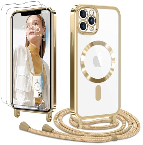Ethanger Handyband für iPhone 11 Pro Hülle mit Band + 2 Stück Glas Schutzfolie Transparent Silikon Handyhülle Magnetische Schutzhülle Case zum Kordel Abnehmbar für iPhone 11 Pro Gold