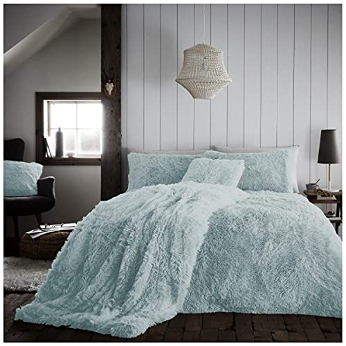 GC GAVENO CAVAILIA Hug & Snug Fluffy Fur Fleece King Size Duvet Cover Sets, Thermal Warm Long Pile Shaggy Faur Fur Bedding Sets With Matching Pillowcases, Duck Egg