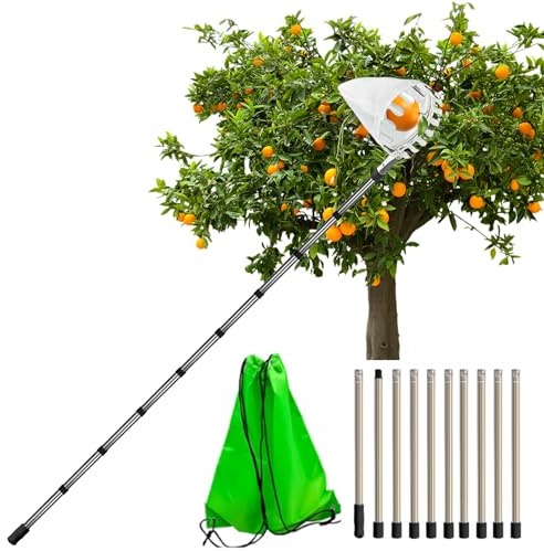Idota Recoge Frutas Telescopico 4M Recolector de Frutas con Pértiga Telescópica y Bolsa 16 cm Diámetro, Recogedor de Frutas para Cerezas Manzanas Peras