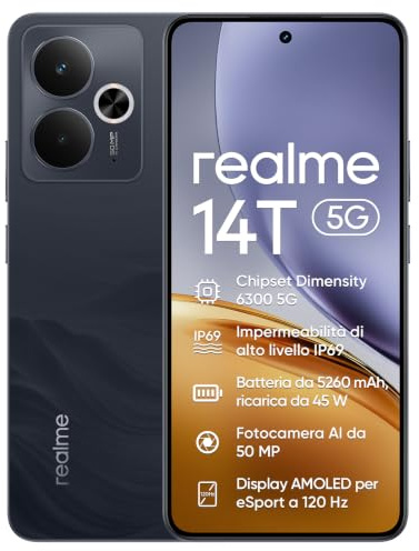 realme 14T 5G Smartphone 8+256GB, Pantalla AMOLED Gaming 6,67 120Hz, Procesador Dimensity 6300, Función Next AI, Resistencia al Agua IP69, 5260mAh, Sin Adaptador, Color Obsidiana Negra