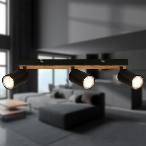 BRILONER - Foco LED de techo, 3 bombillas GU10 máx. 9 W, ajustables, para salón, cocina, dormitorio, 44 cm, color negro y madera