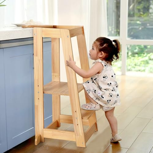 Lernturm ab 1 Jahr | Höhenverstellbarer Kleinkinderturm mit 3 Stufen & Sicherheitsgeländer | Für Küche, Badezimmer & Waschbecken | Rutschfester Tritthocker für Kinder 18-36 Monate (Natural)