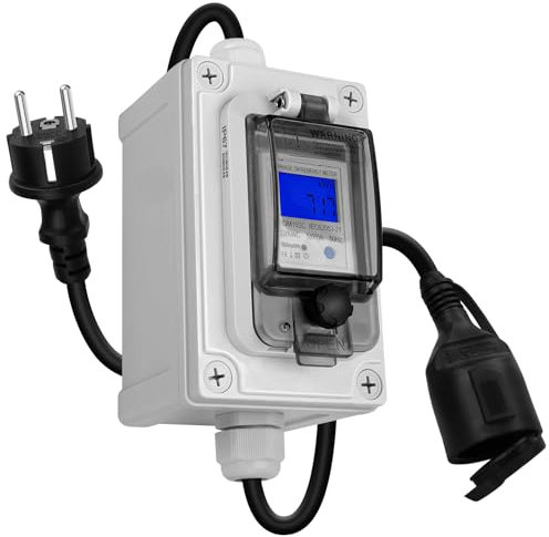 BreeRainz Compteur de courant numérique mobile 60 A 230 V, compteur électrique étanche IP67 kilowatts avec prise CEE Schuko universelle, fonction mémoire de coupure de courant, pour appareils