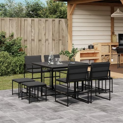 Homgoday Set da pranzo da giardino 9 pezzi con cuscini in textilene nero, sedia seduta poltrona tavolo cucina esterno terrazza patio balcone mobili