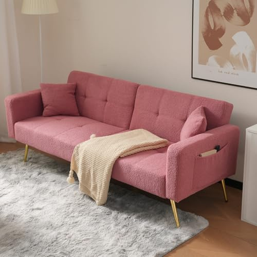Dolamaní 2-in-1 Schlafsofa Sofa Couch mit Schlaffunktion, Verstellbarer Rückenlehne, goldenen Beinen, mit Kissen (Rosa)