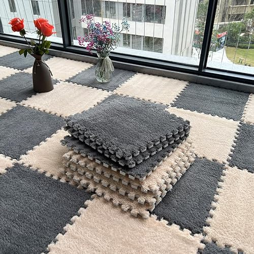 Schaumstoff-Spielmatte, 10er-Pack, 30 x 30 x 1 cm, flauschige Plüsch-Schaumstoff-Bodenmatte, Bodenschutz, zotteliger Flächenteppich, quadratische Bodenfliesen, Puzzle-Spielmatte für Spielzimmer (Graub