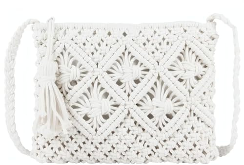 EnjoyThink White Women Handmade Cross Body Bags, Straw Bag Summer Beach Crossbody Bag, Shoulder Purse Holiday Messenger Bags, Small Clutch Woven Cotton Mobile Phone Wallet Organizer