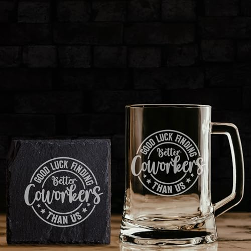 Always Looking Good Better Coworker Beer Stein & Slate Coaster Gift Set – 500ml Engraved Glass Tankard & 10cm Square Coaster – Funny Office Present for Colleague, Boss, Friend or Employee