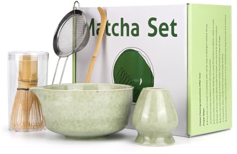 Spesh Juego de batidor y cuenco Matcha de 5 piezas, incluye soporte para batidor de cerámica Chasen y Chawan, regalo para los amantes del matcha y los fanáticos de la ceremonia del té (verde matcha)