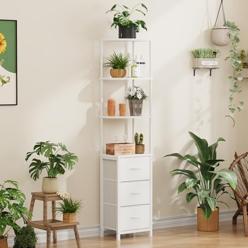 OYRREU Corner Book Shelf with 3 Fabric Drawers, Tall Narrow Corner Shelf for Bedroom, Living Room, Narrow Shelving Unit with Storage, White, 172 CM