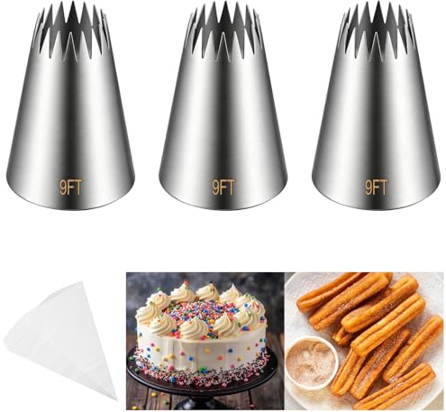 3 Pcs Churro Piping Tip, Stainless Steel 9FT Icing Tips, Open Star Pastry Tips with 10Pcs Disposable Piping Bags for Cupcake, Icing Frosting, Baking, Cake Decorating