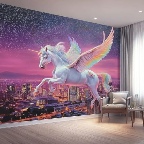 Fototapete Fantasie Vlies Tapeten 350 x 256 cm, Wandtapete Wohnzimmer Schlafzimmer Küche Dekoration Concealer, Weiß Einhorn Stadt