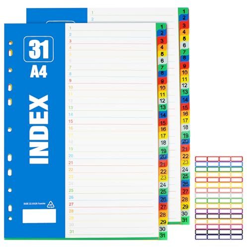 BORISCA 2 Pack 31 Part File Dividers A4 with 64 Color Label Stickers Plastic Folder Dividers A4 Coloured Ring Binder Dividers for Lever Arch Files Index Dividers for Office School