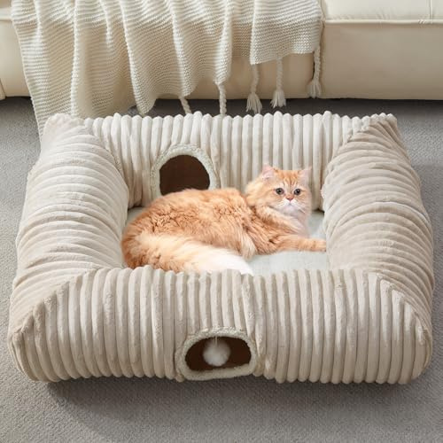 Large Cat Tunnel Bed,4 Ways Tunnels for Indoor Cats,Peekaboo Cat Cave Donut with Warm Rectangle Mat,Multifunctional Playground Toys Hideplace for Kitty, Puppy, Rabbit,Ferret