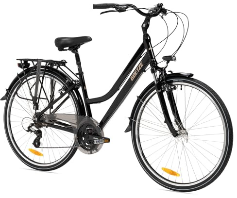 Goetze Picnic Damen Trekkingrad 28 Zoll Alu 21-Gang, 17/19 Zoll Rahmen | Mit Federgabel, verstellbarem Vorbau, gefederter Sattelstütze, LED-Beleuchtung und Gepäckträger