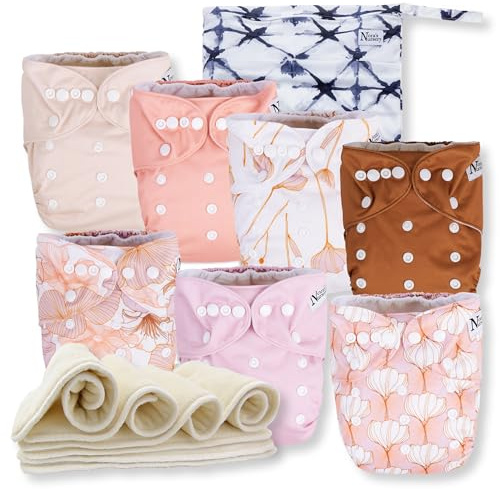 Nora's Nursery Cloth Diapers 7 Pack with 7 Inserts & 1 Wet Bag - Waterproof Cover, Washable, Reusable & One Size Adjustable Pocket Diapers for Newborns and Toddlers - Magnolia