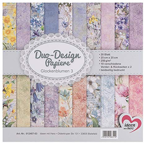 Ideen mit Herz - Carta dal disegno doppio | blocco con 20 fogli | carta decorativa per bricolage | 25 x 25 cm | 250 g/m² | stampata su entrambi i lati | ideale per scrapbooking (campanule 03)