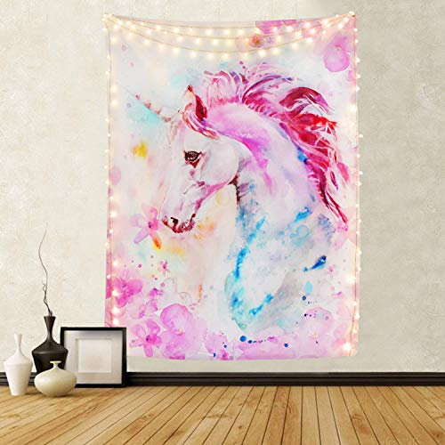 YISUMEI Rosa Einhorn Wandteppich Hippie Kunst Wandteppich für Schlafzimmer Ästhetik Aquarell Druck Wandteppiche Wandbehang für Raumdekoration (M/130x150cm/51x60 Zoll)