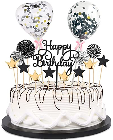 17 Stück Tortendeko Schwarz Gold,Kuchen Topper,Kuchendekoration,Geburtstag Torte Topper,Cake Topper,Happy Birthday Kuchendeko,Kuchen Deko für Geburtstag mit Sternen,Konfetti Ballon,Papierfächer