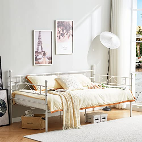 FetiNes Bettgestell aus Metall, Schlafsofa aus Schmiedeeisen, Einzelbett, kein Lattenrost erforderlich, für Matratze mit 90 x 200 cm, Weiß
