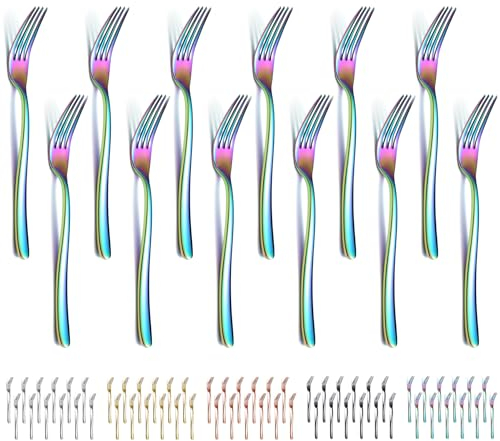 Evanda Rainbow Dinner Forks Set of 12 Pieces, 17.8cm Colorful Titanium Plating Stainless Steel Table Forks Cutlery Set for Home, Restaurant, Hotel, Dishwasher Safe