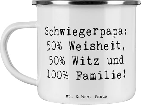 Mr. & Mrs. Panda Camping Emaille Tasse Spruch Schwiegerpapa Weisheit - Geschenk, Familienleben, Blechtassen, einzigartige Designs, Dankbarkeit,