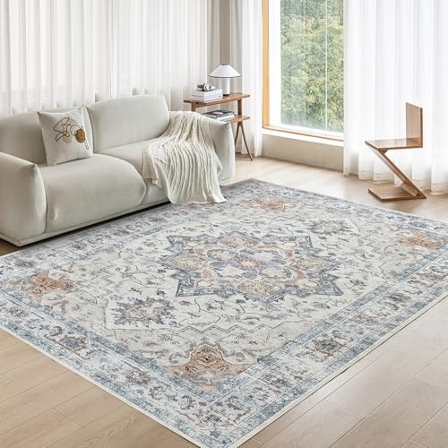 OMERAI Vintage Teppich Wohnzimmer 120X170CM Waschbarer Teppich Boho Teppiche Kurzflor rutschfest Carpet für Schlafzimmer, Esszimmer, Taupe Braun