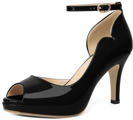 AUMOTED Women's Evening High Heels Peep-Toe Patent Leather Pumps 3.4 Stiletto 2cm Platform for Cocktail Party Events Patent Black US Size 8.5