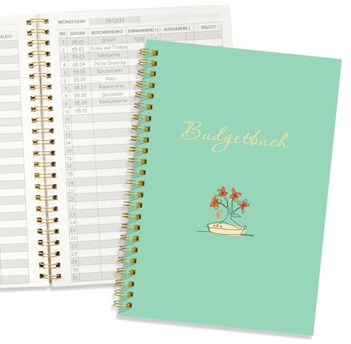 Libro di bilancio A5 – Tracciatore di spesa e pianificatore finanziario con 120 pagine, 31 righe per pagina per iscrizioni giornaliere, libro di cassa per entrate e spese panoramica (verde)