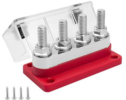 TOOSOAR Sammelschienen-Anschlussblock 12V,Kupfer Stabil 600A mit 4 x M10 Bolzen Batterieklemmen,Mit Abdeckung 48V DC,für Bus, Boot RV(Rot)