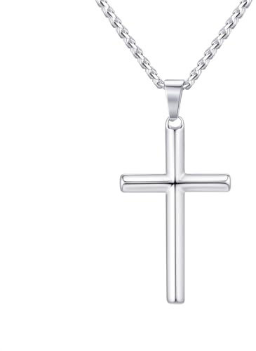 VNOX Collar Cruz Hombre Plata - Cruz Acero Inoxidable Plateada Cadena Collar con Colgante Cruz Cadena Plata para Hombre y Niños
