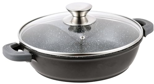 Sartén honda de 40 cm de diámetro con tapa de cristal, para servir, cacerola para inducción, de aluminio fundido, cacerola con revestimiento de mármol