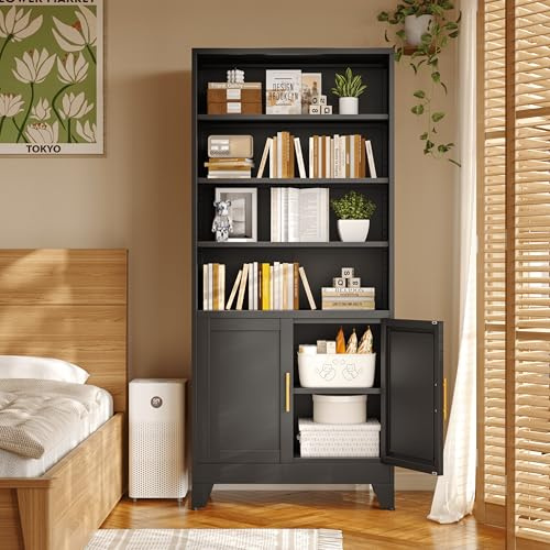 180㎝ Hohe Metall Bücherregale und Bücherregale mit 2 Türen und verstellbaren Regalen, Schwarzer Aufbewahrungsschrank Industrie Bücherregal 6-Tier Open Display Regal für Wohnzimmer, Schlafzimmer